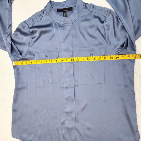 WHBM Long Sleeve Collar Pocket Shirt Button-Up in Steel Blue Satin Sz L  NWT - Picture 5 of 15